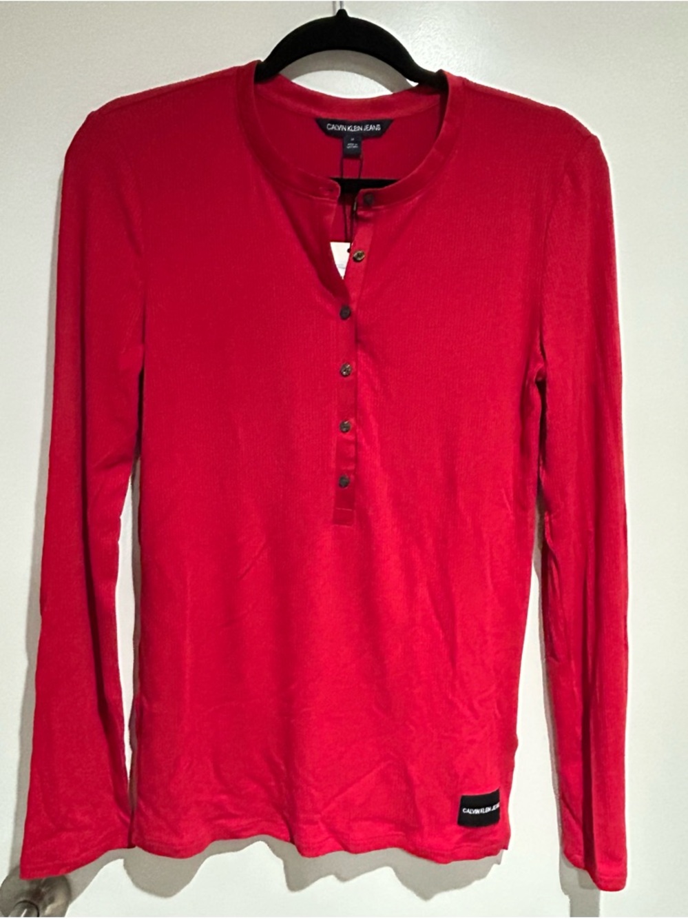 Calvin Klein Red Long-Sleeve Henley Top with Button Placket